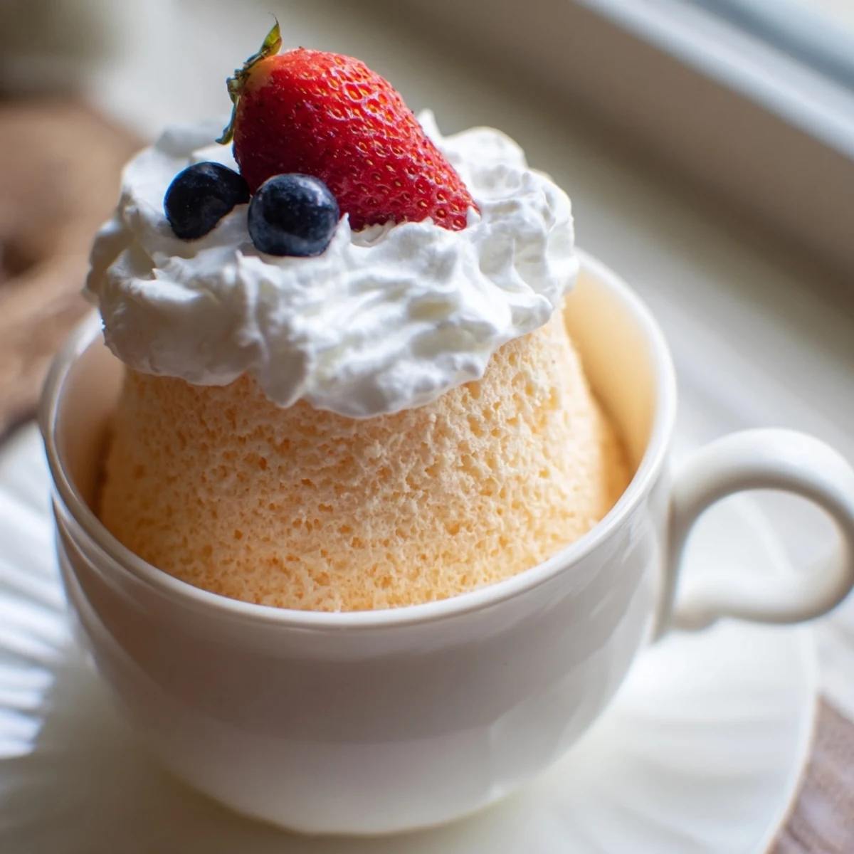 Golden fluffy air fryer angel food mug cake topped with fresh red strawberries and white whipped cream