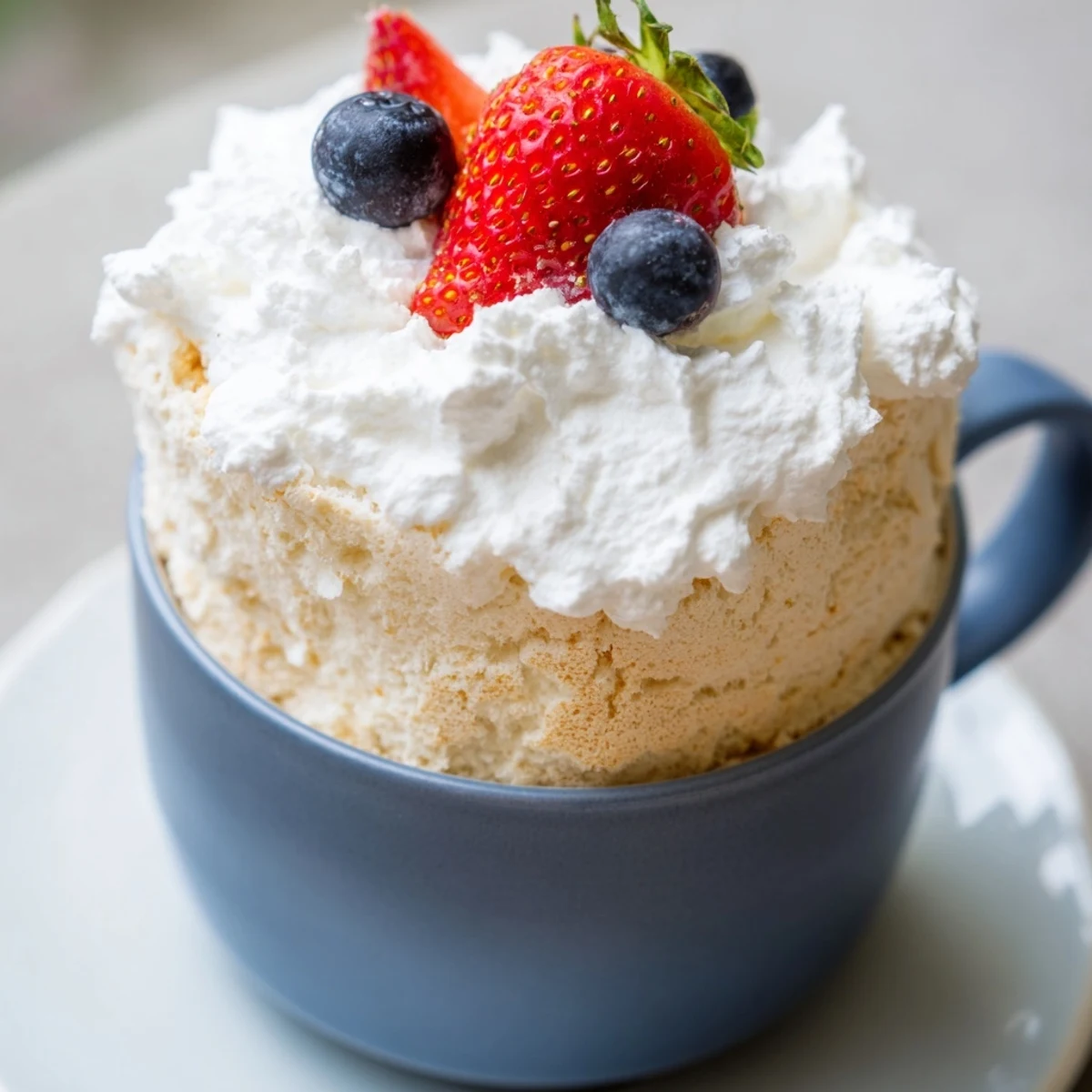 Single-serving angel food cake bakes in a white mug with blueberries scattered across the golden top