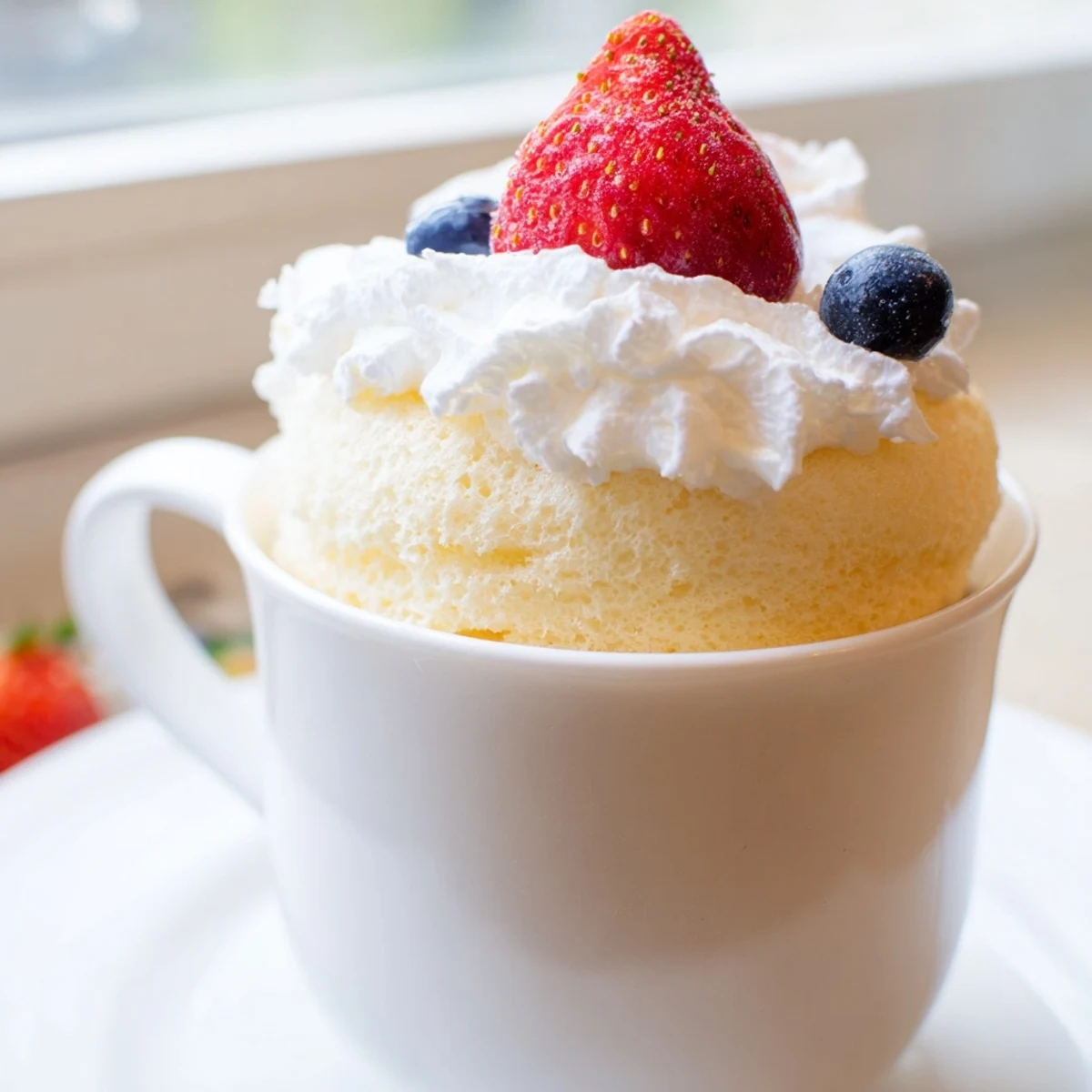 Quick air fryer angel food mug cake rises tall with dollop of cream and colorful berry garnish