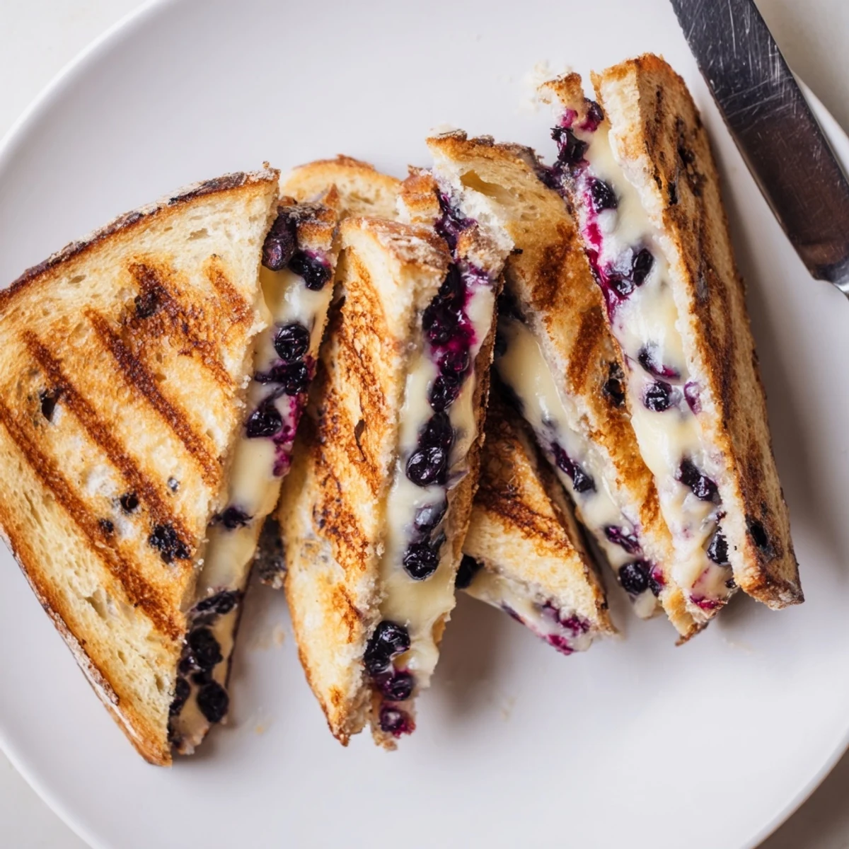 Golden blueberry grilled cheese sandwich oozing melted cheddar and cream cheese