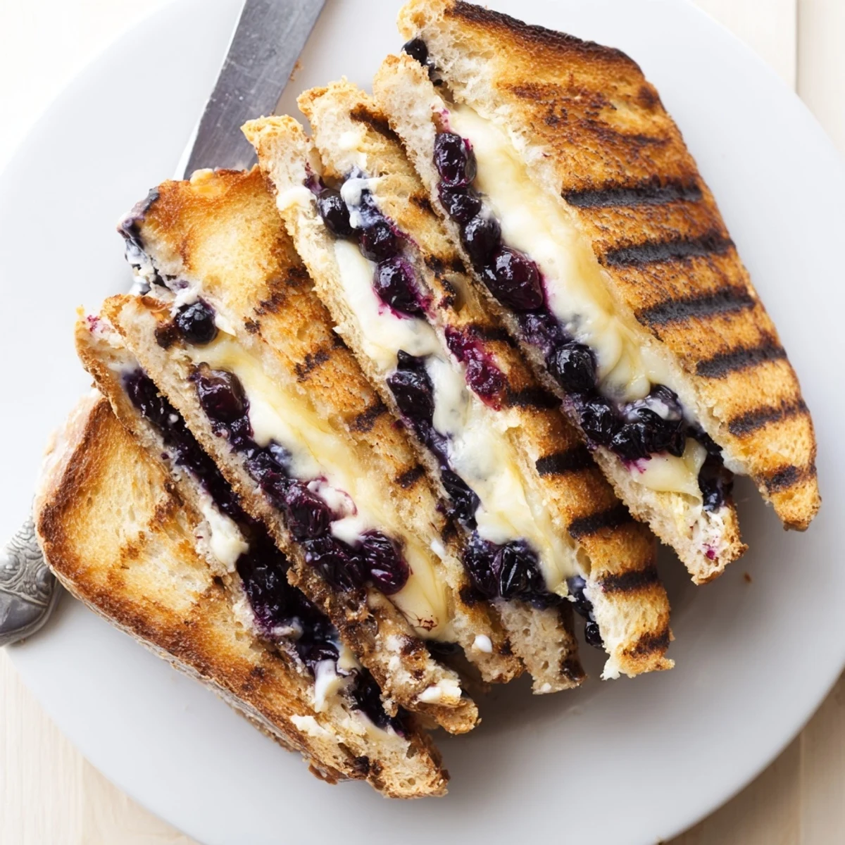 Sliced blueberry grilled cheese showcasing burst berries between buttery sourdough bread layers