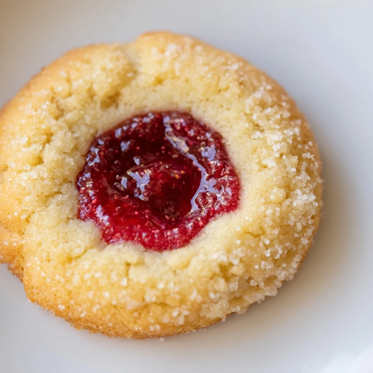 Buttery homemade fruity thumbprint cookies with colorful strawberry preserves freshly baked to golden perfection