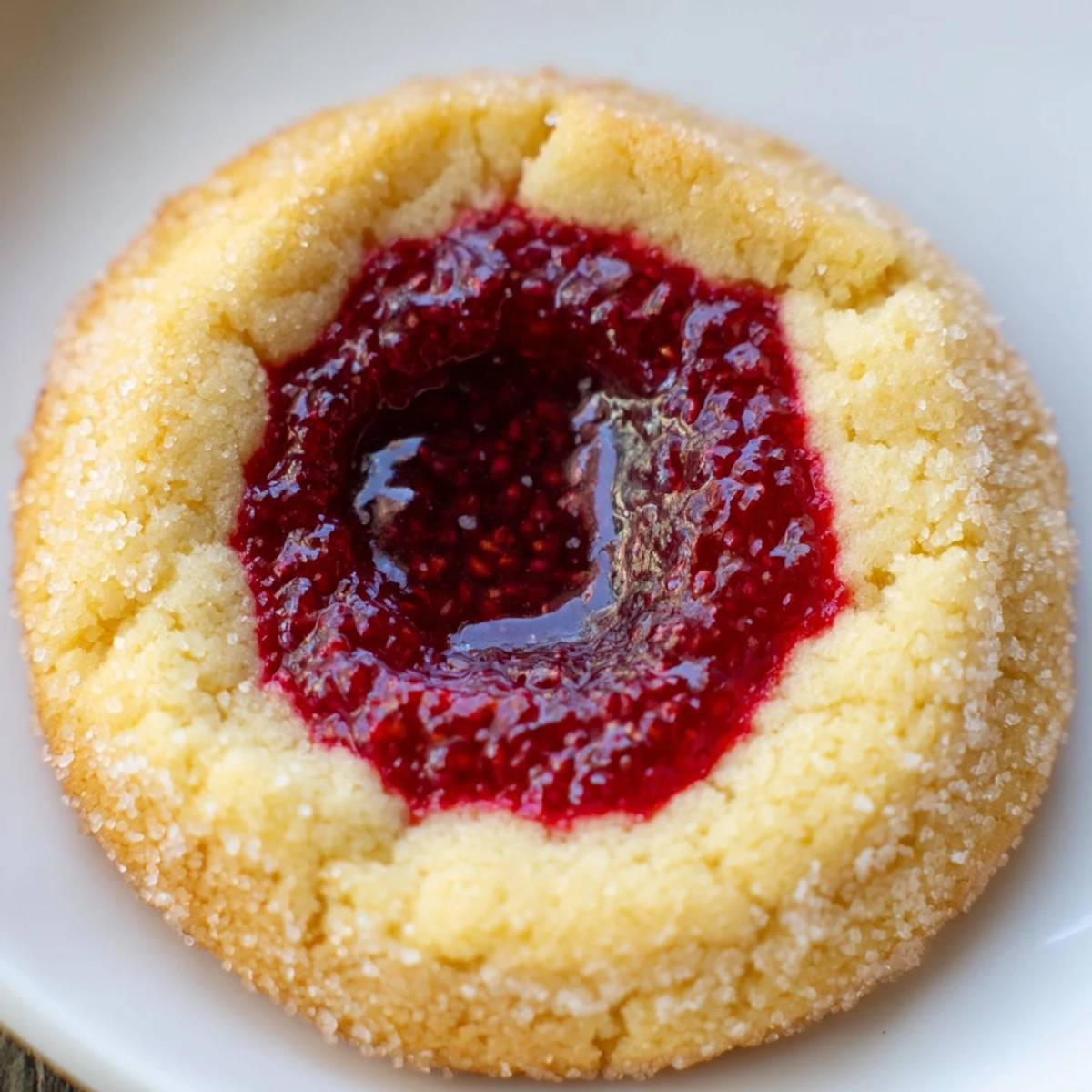 Golden fruity thumbprint cookies filled with vibrant raspberry jam on a white baking sheet