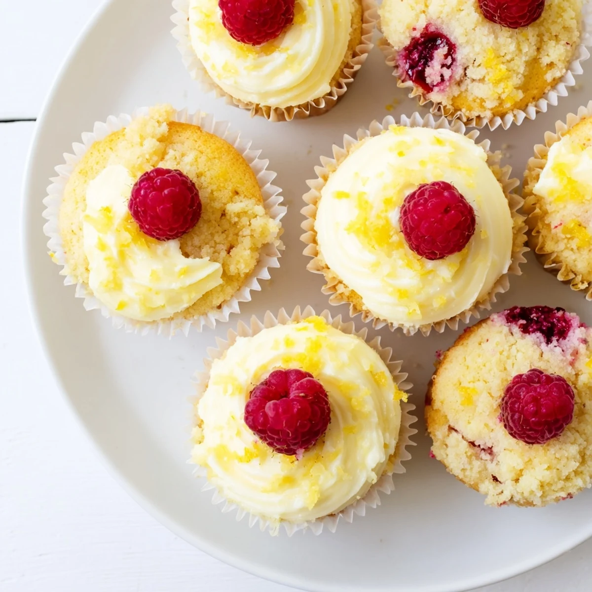 Golden lemon cupcakes filled with vibrant raspberry preserves and swirled with creamy lemon buttercream frosting