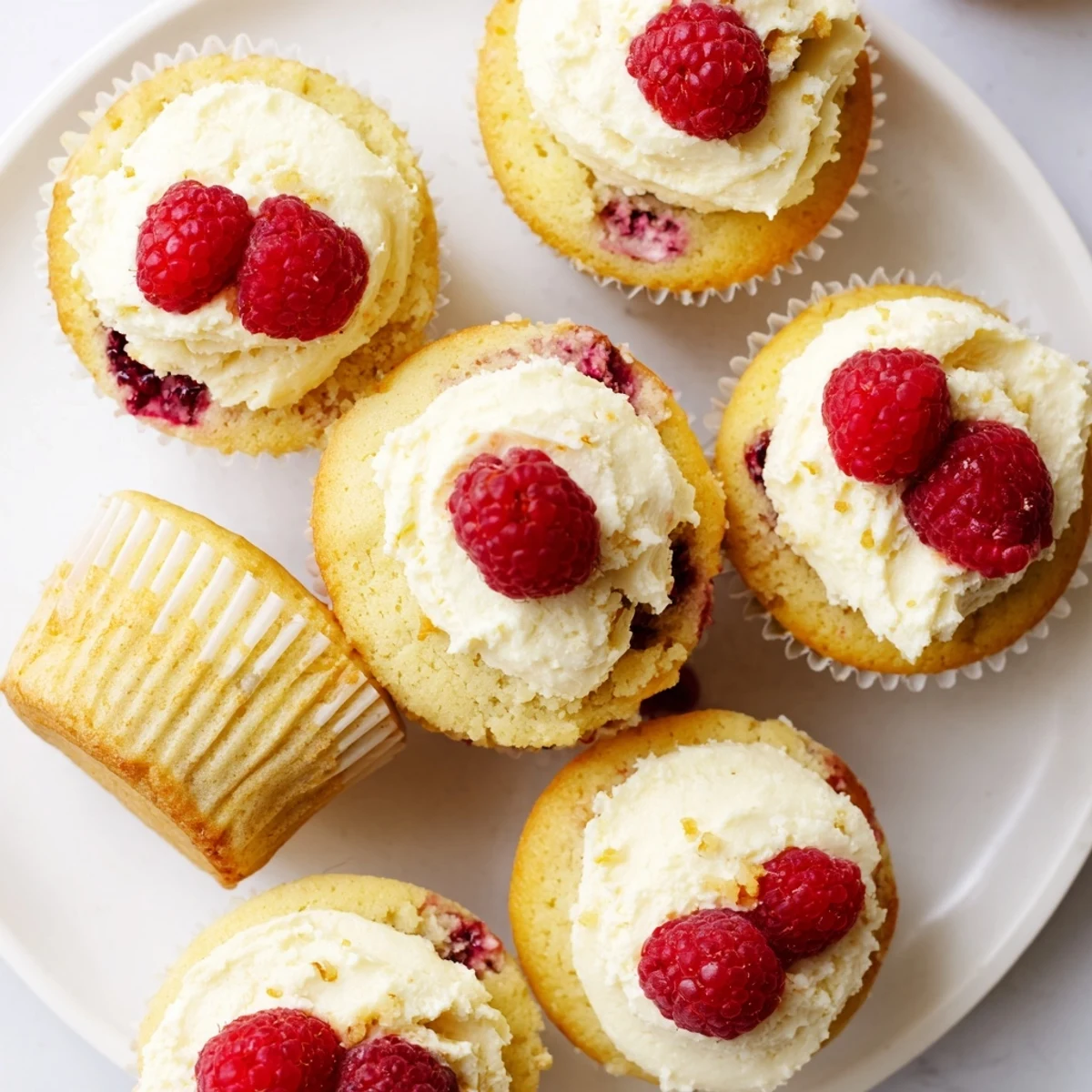 Freshly baked moist lemon cupcakes topped with fluffy lemon frosting and a hidden raspberry jam center