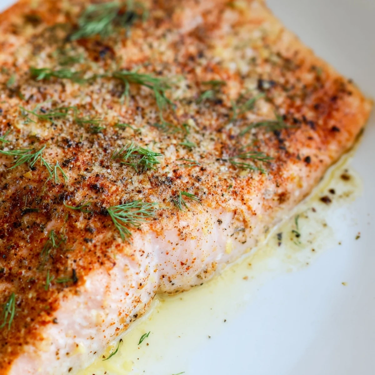 Golden air fryer salmon fillets with crispy exterior and moist interior topped with green dill sprigs