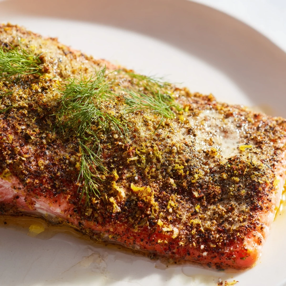 Perfectly air fryer salmon fillets with golden crispy edges and tender flaky meat garnished with fresh herbs