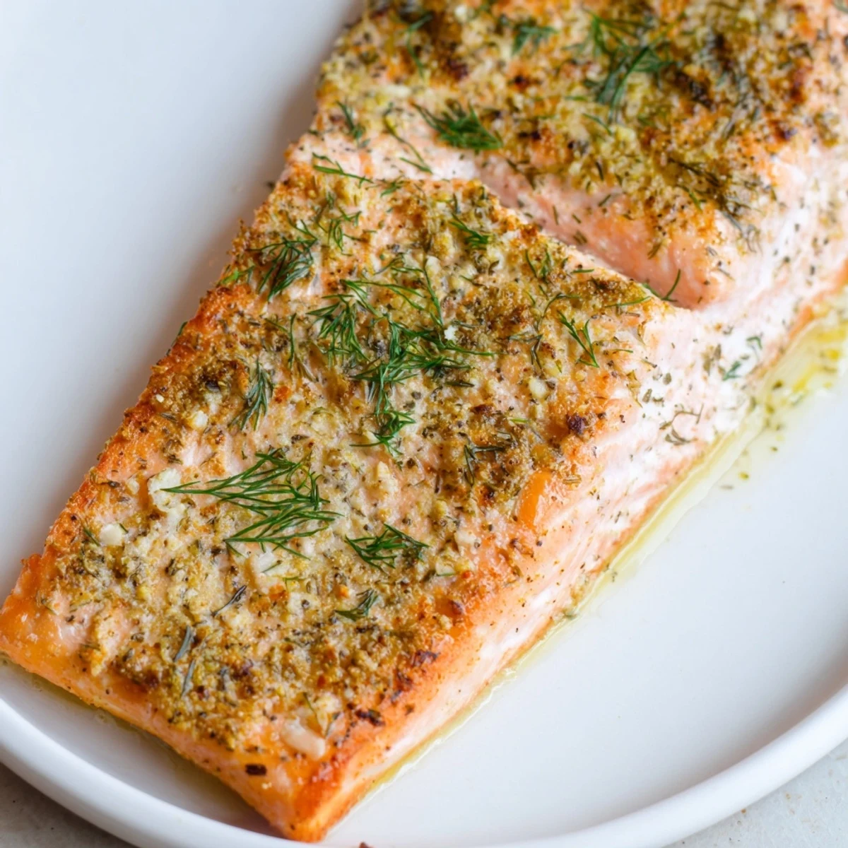Juicy air fryer salmon with smoky paprika seasoning served alongside bright lemon wedges on a white plate