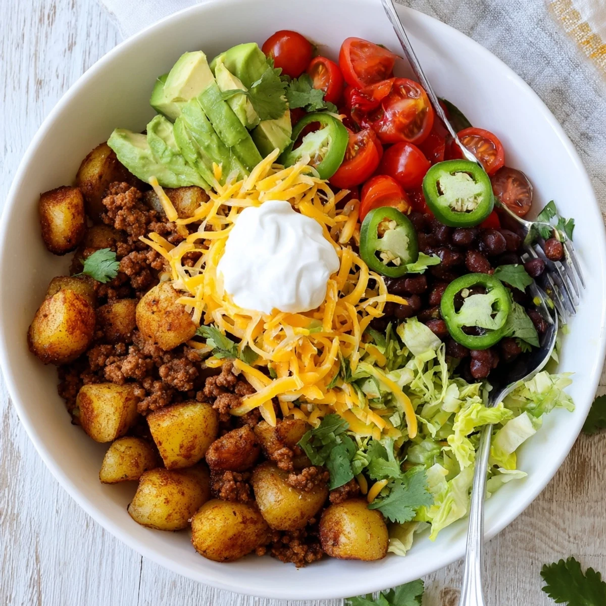 Hearty loaded potato taco bowl topped with seasoned beef, cheese, avocado, and fresh colorful vegetables