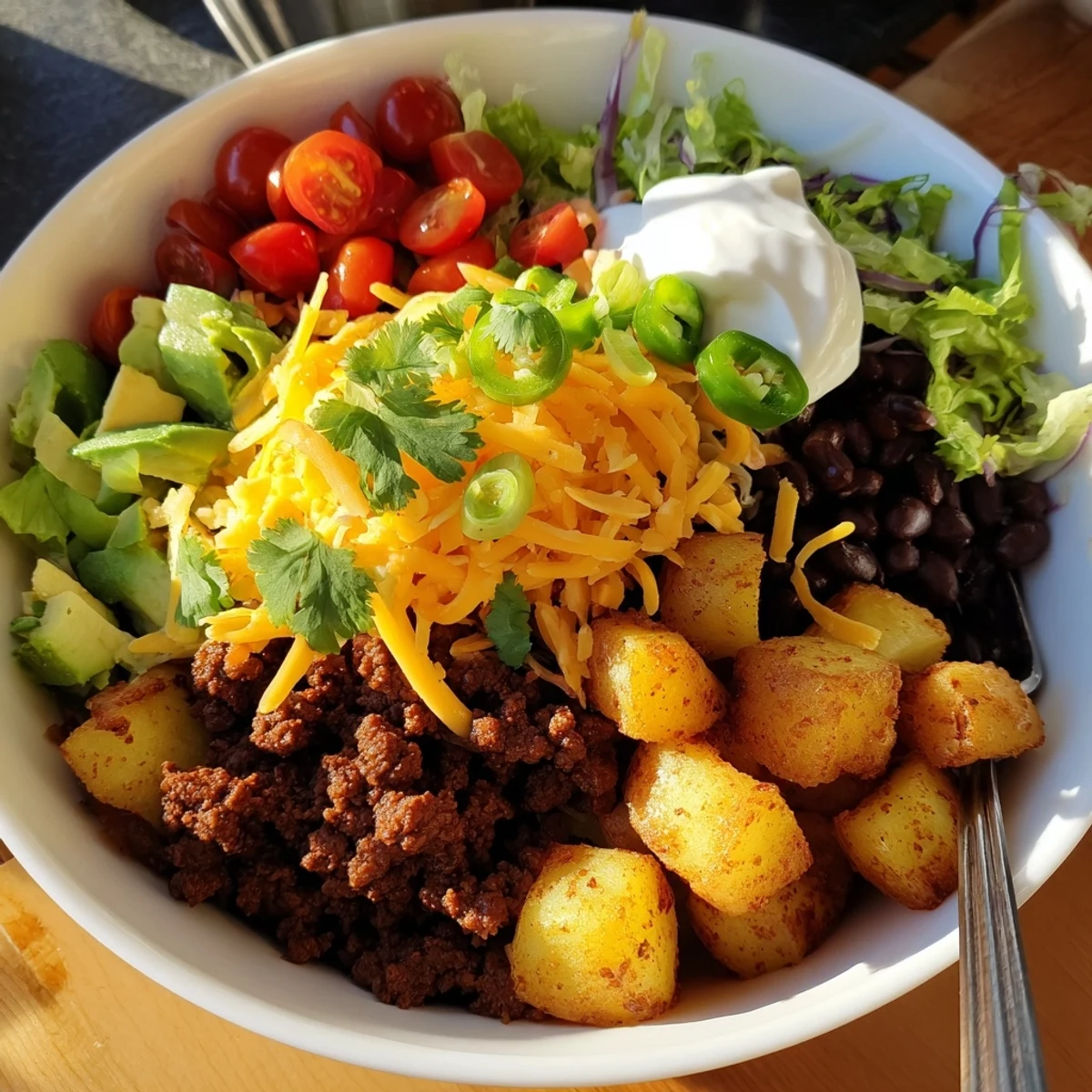 Crispy roasted potato bowl with taco spiced ground beef, sour cream, cilantro, and zesty toppings