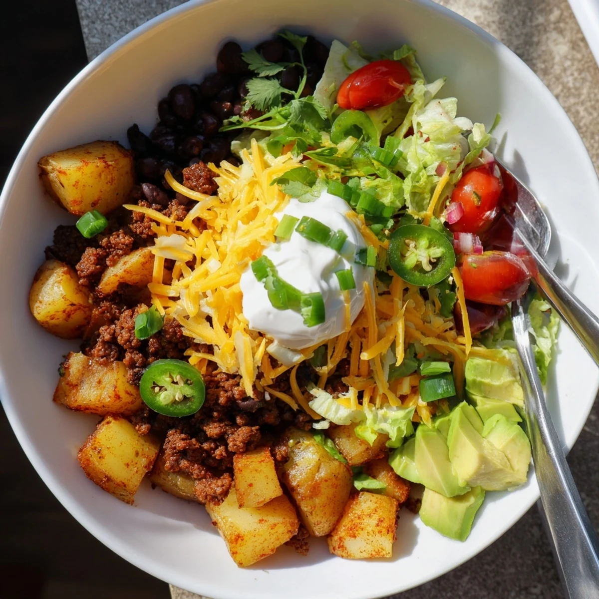 Tex-Mex loaded potato taco bowl featuring layers of seasoned meat, melted cheddar, and vibrant garnishes