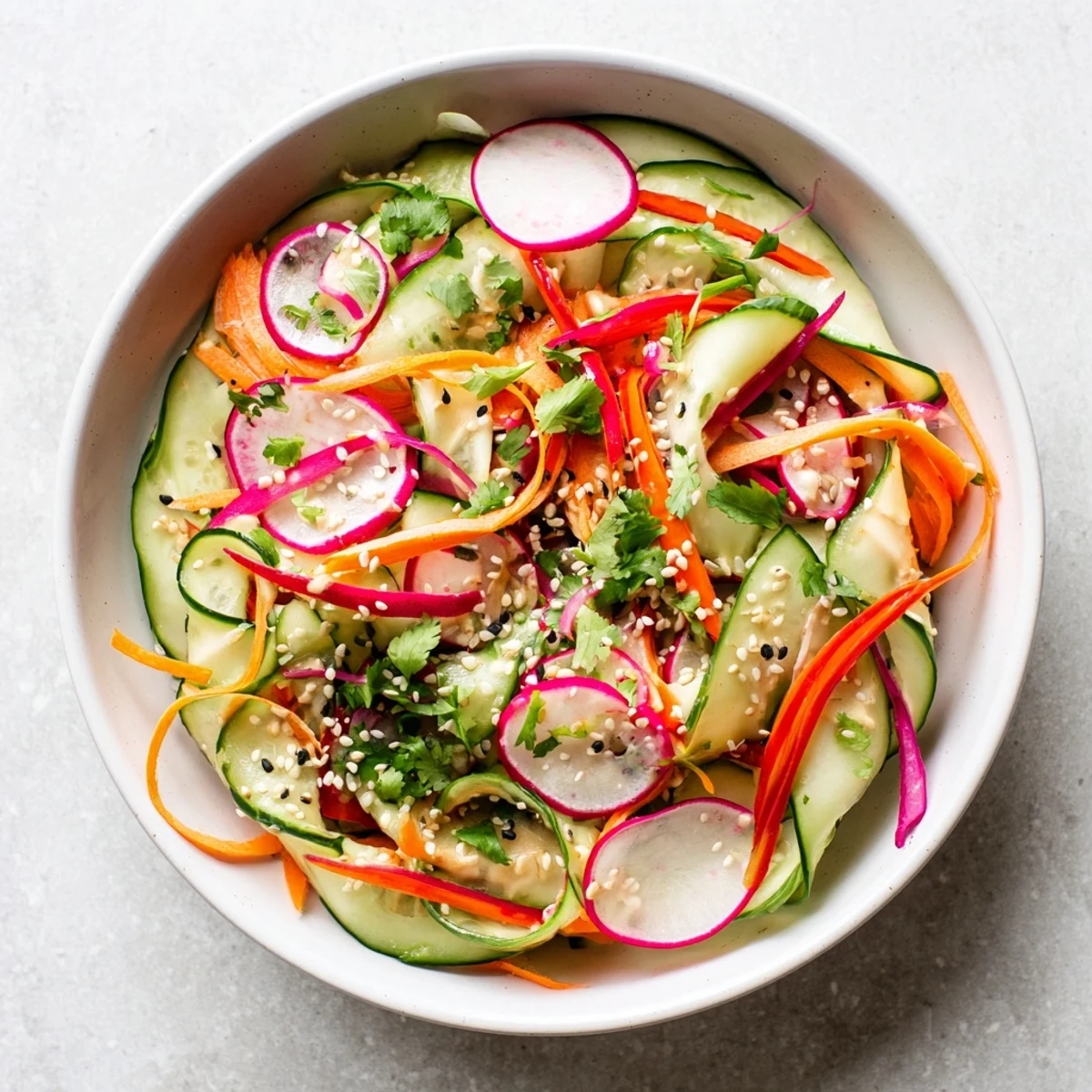 Creamy Asian cucumber salad bowl with crisp vegetables and sesame dressing garnished with fresh herbs