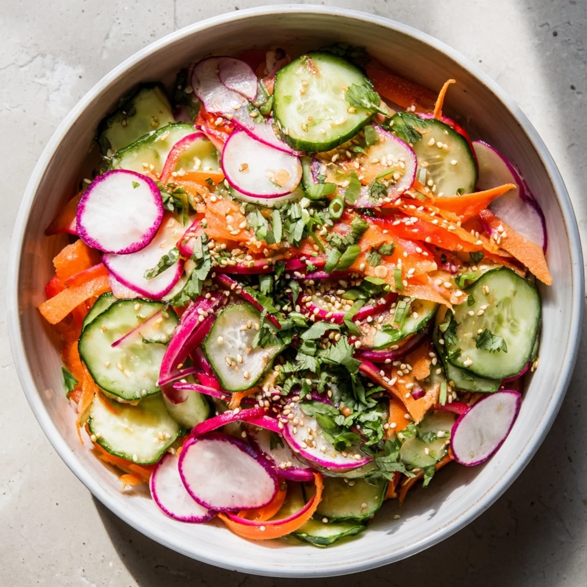 Vibrant Asian cucumber salad bowl featuring colorful crisp veggies coated in creamy sesame dressing