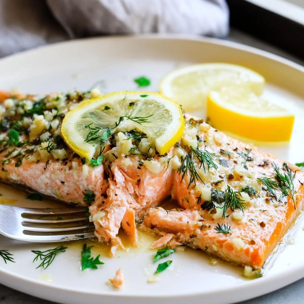 Golden baked salmon fillets glazed with lemon-garlic butter and fresh dill garnish