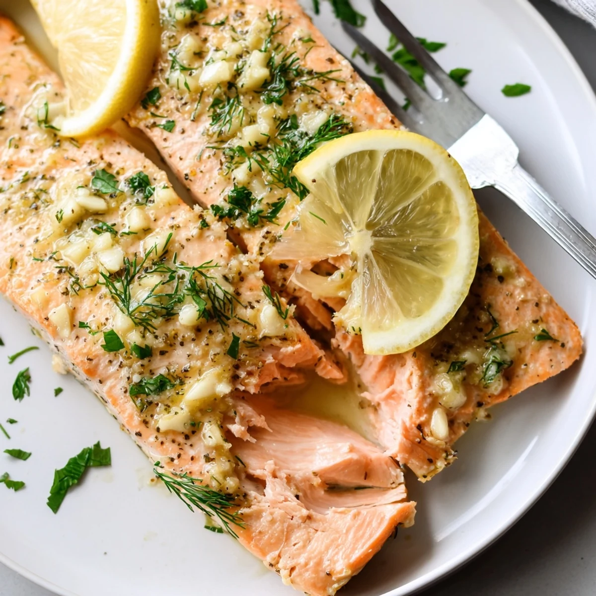 Flaky tender baked salmon with zesty lemon slices and aromatic herbs on top
