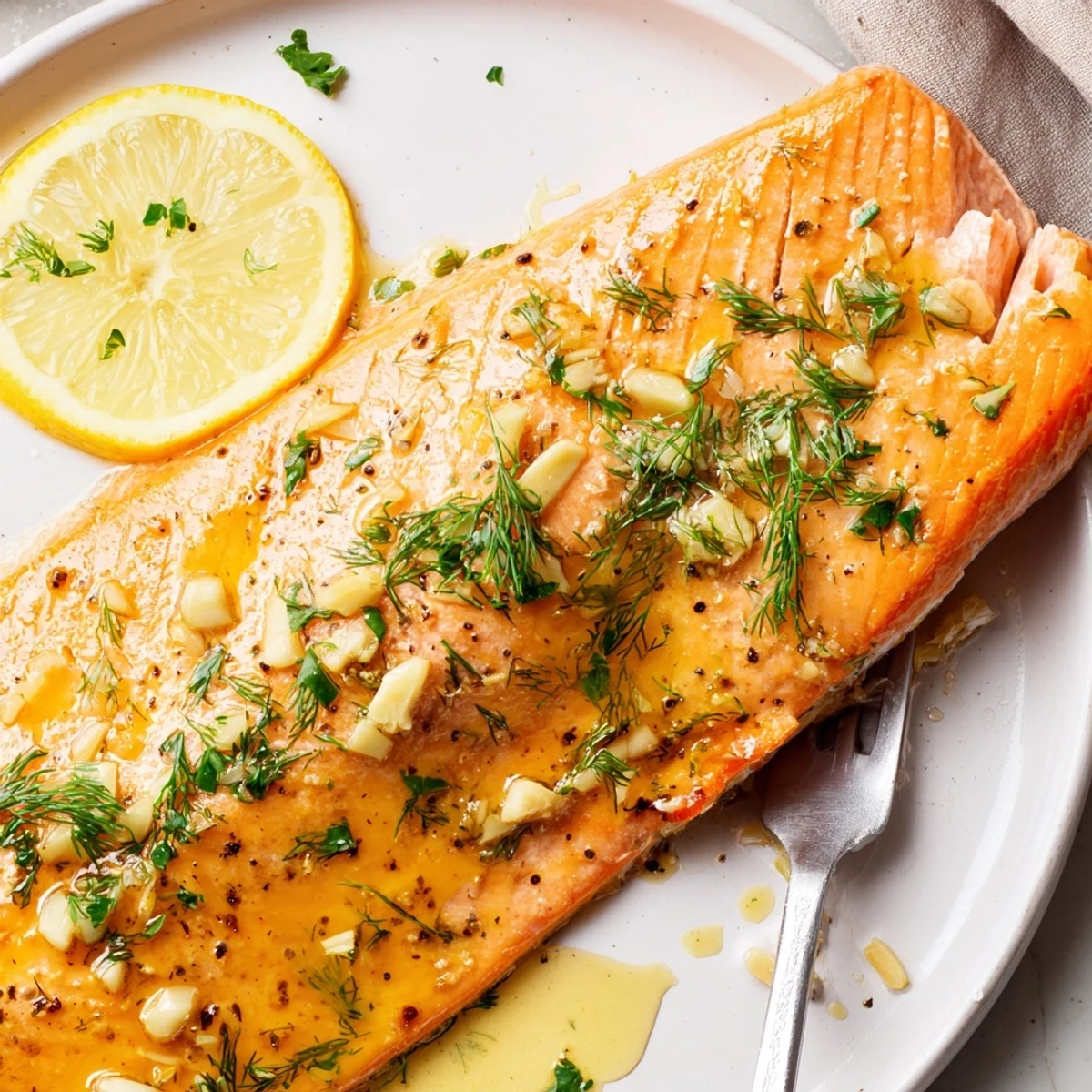 Perfectly cooked baked salmon brushed with garlic butter and served with parsley
