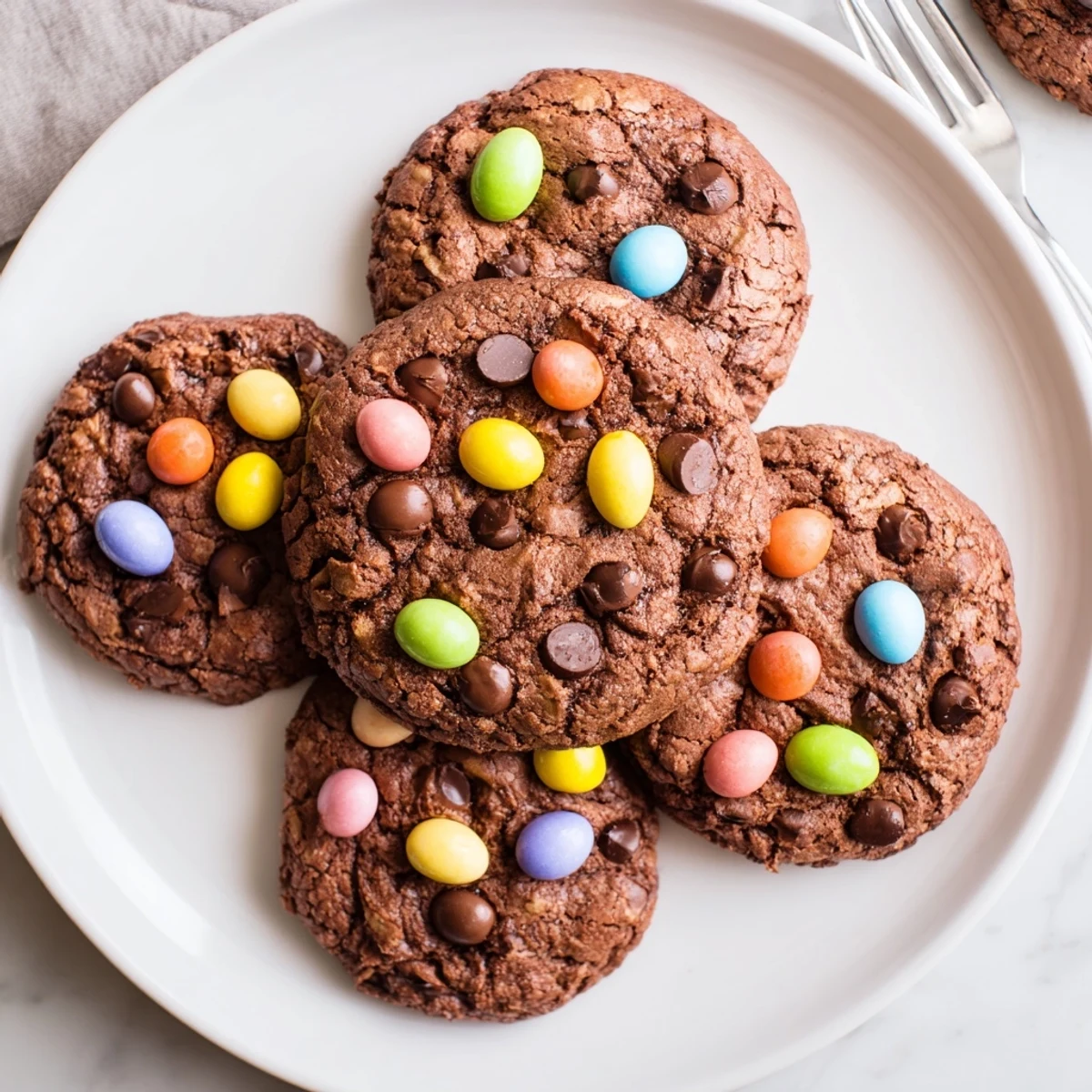 Freshly baked Easter chocolate cookies garnished with pastel mini eggs on a white platter