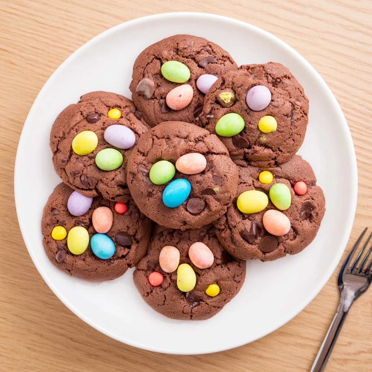 Rich dark Easter chocolate cookies studded with chips and candy-coated egg decorations
