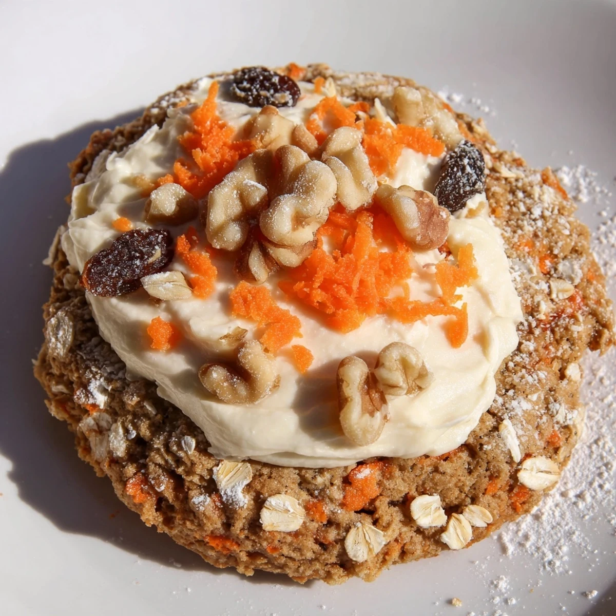 Soft carrot cake cookies topped with creamy white frosting and sprinkled with chopped walnuts