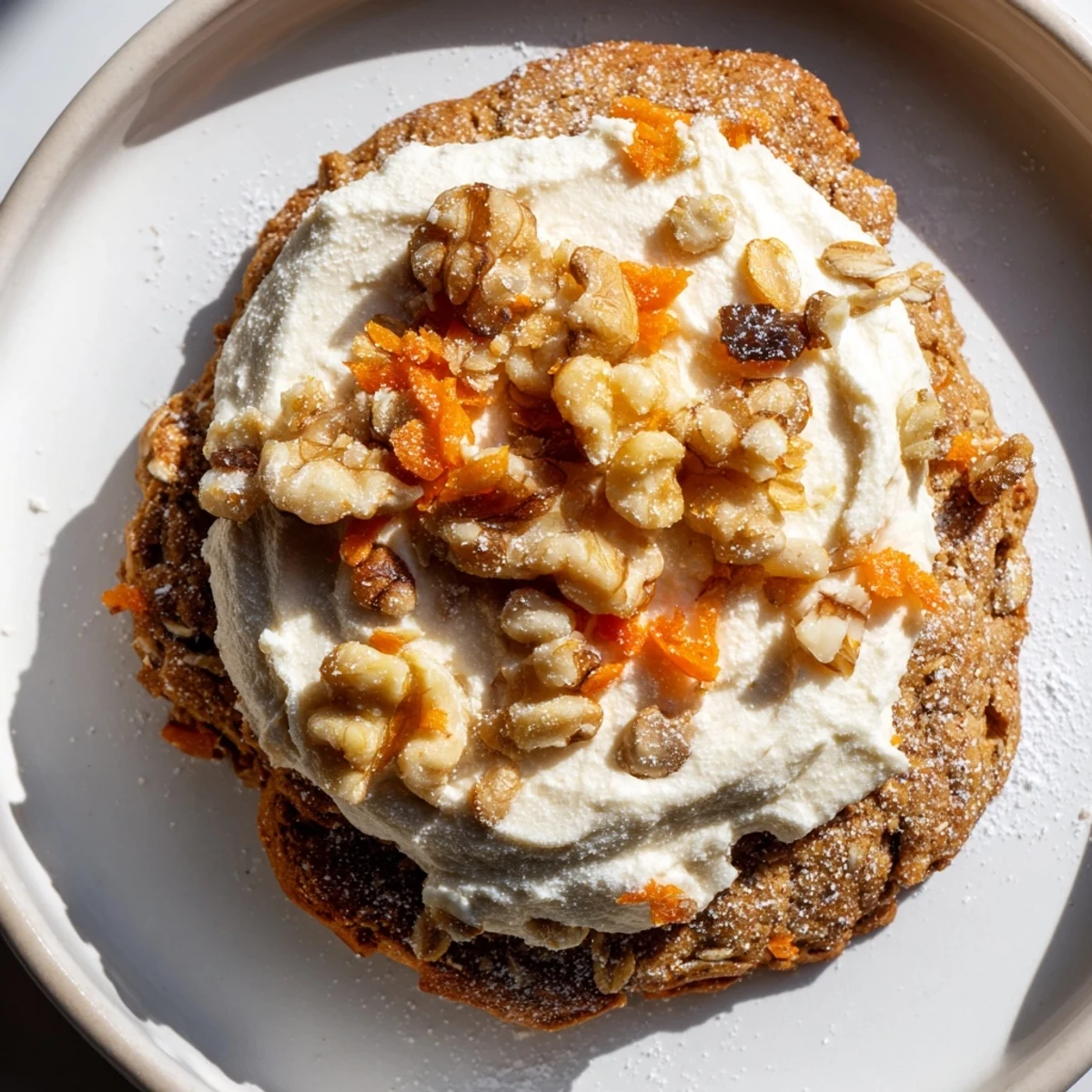 Golden spiced carrot cake cookies piled high with tangy cream cheese frosting on a white plate