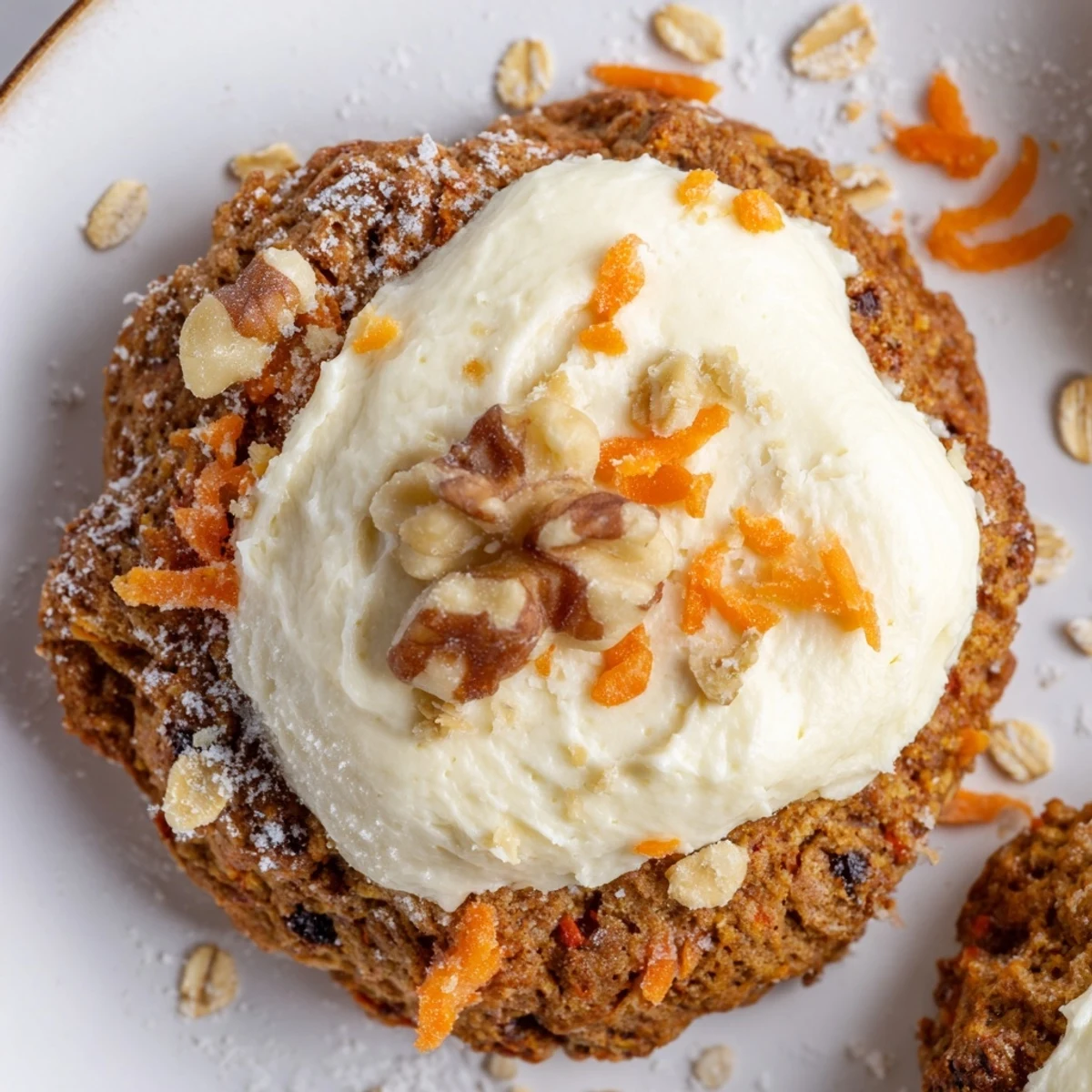 Homemade carrot cake cookies with shredded carrots and oats, finished with sweet cream cheese glaze
