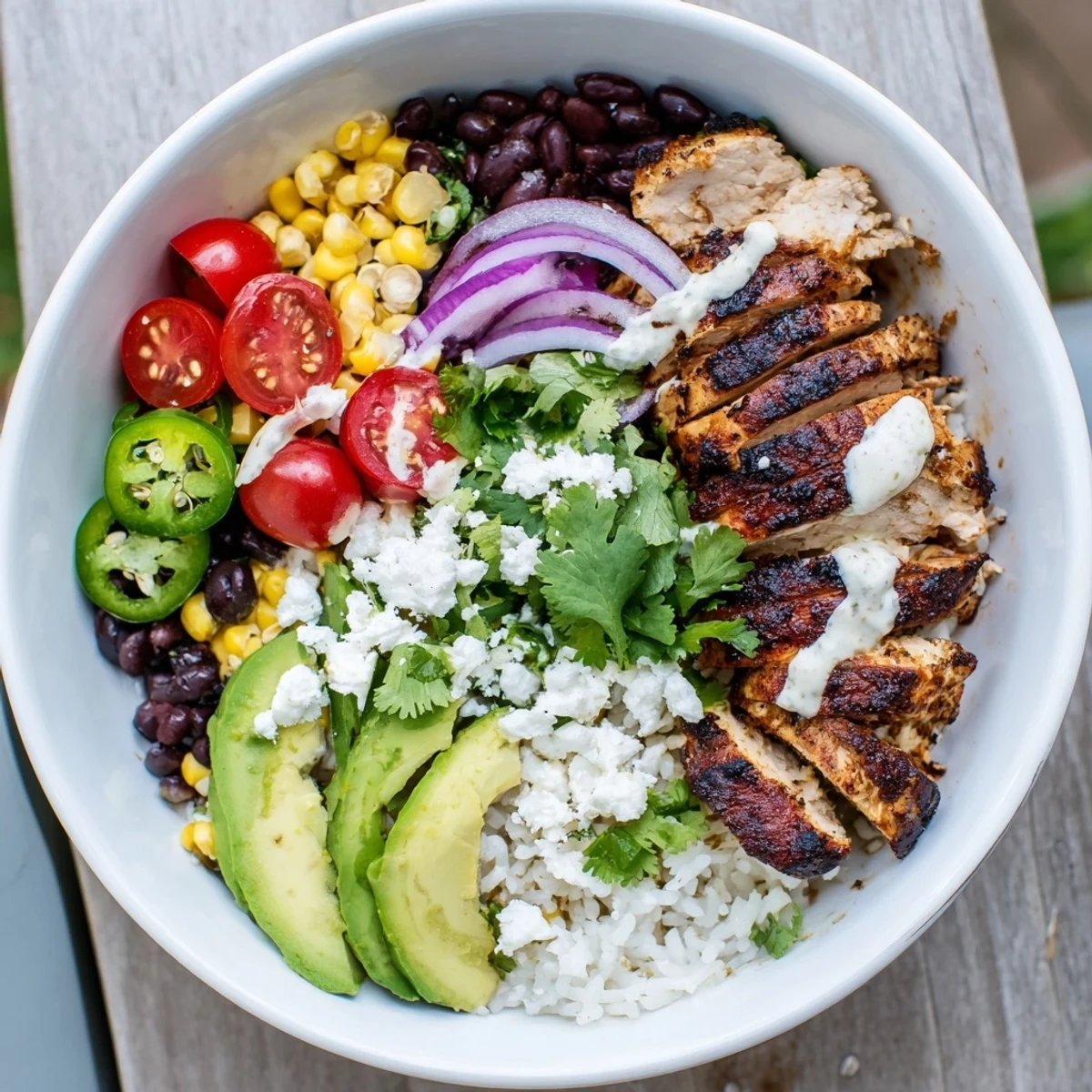 Colorful Baja style chicken bowl with grilled meat, rice, beans, avocado, and chipotle crema drizzle