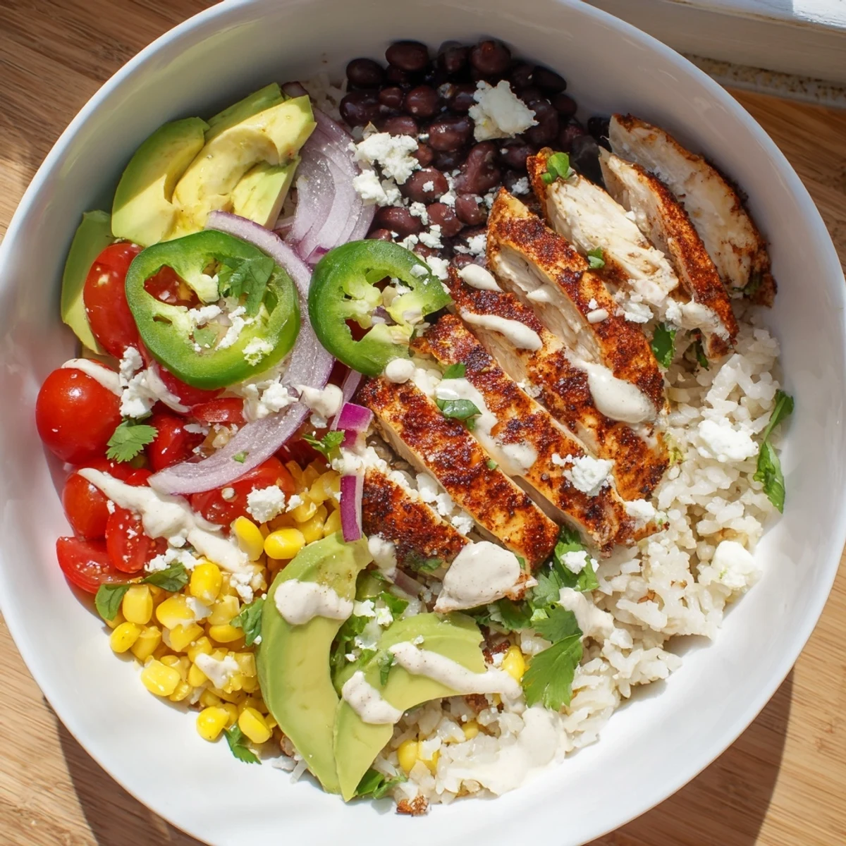 Ultimate Baja style chicken bowl arranged with sliced chicken breast, avocado, corn, black beans, and creamy dressing