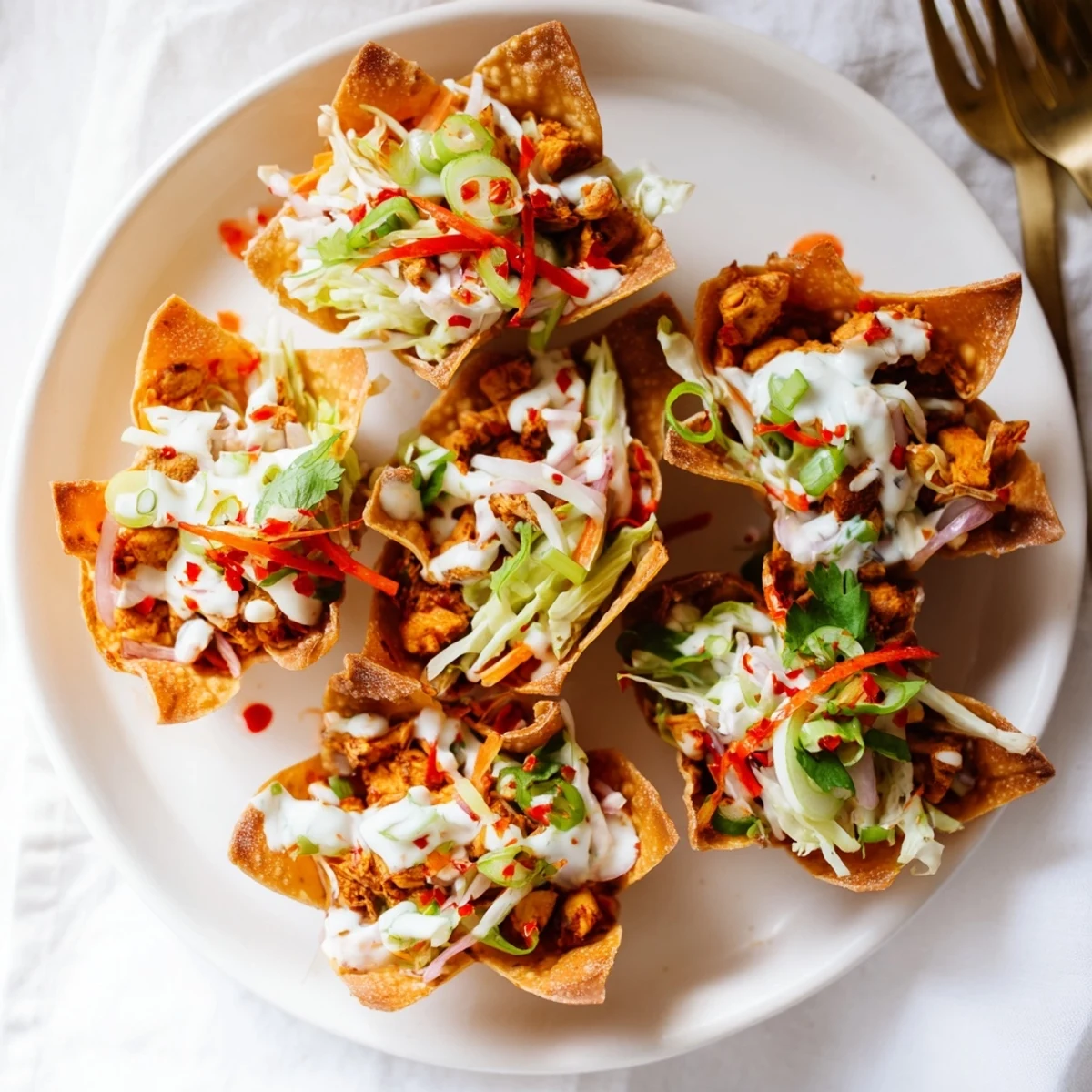 Savory chicken filled crispy wonton shells with fresh cabbage slaw and spicy mayo topping