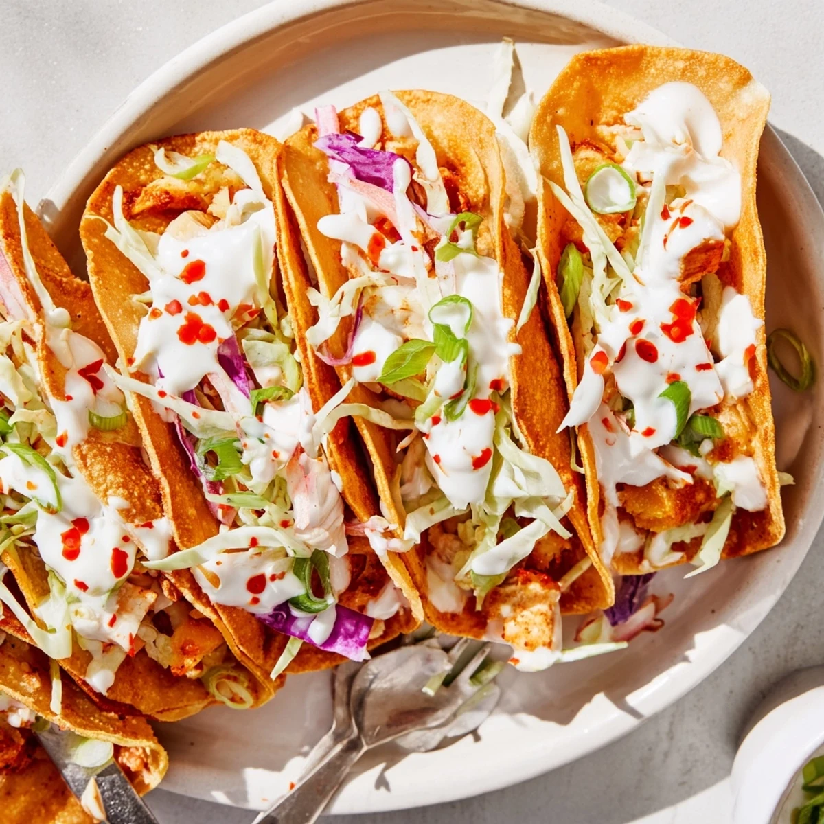 Handheld crispy chicken wonton tacos garnished with cilantro, carrots, and sweet chili sauce