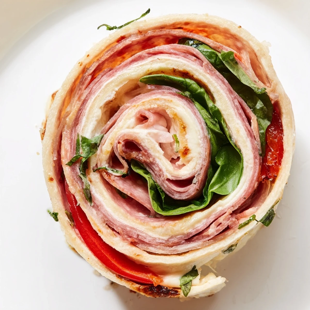 Spiral sliced Italian pinwheel appetizer with roasted red peppers and fresh spinach on a serving platter