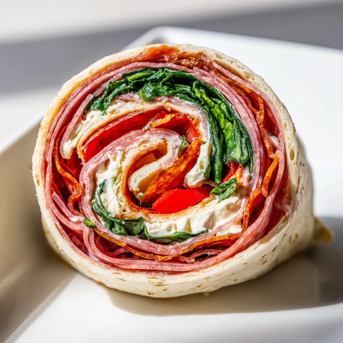 Colorful Italian pinwheels featuring layers of salami, ham, pepperoni and cheese rolled in flour tortillas