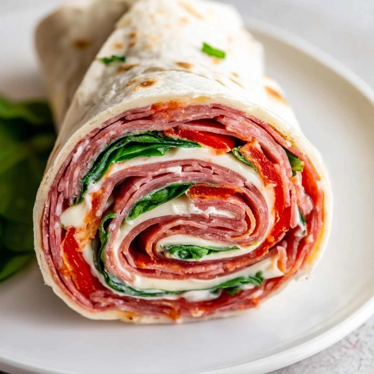 Crowd-pleasing Italian pinwheels arranged on a platter with cream cheese spread and deli meats visible inside
