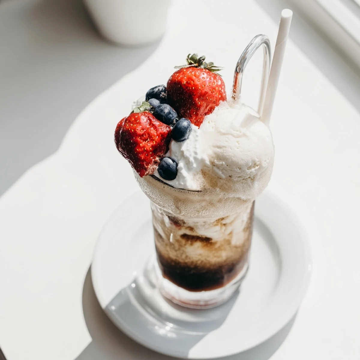 Golden scoops of Rebel vanilla ice cream topped with fizzy sugar-free root beer creating a creamy low-carb float