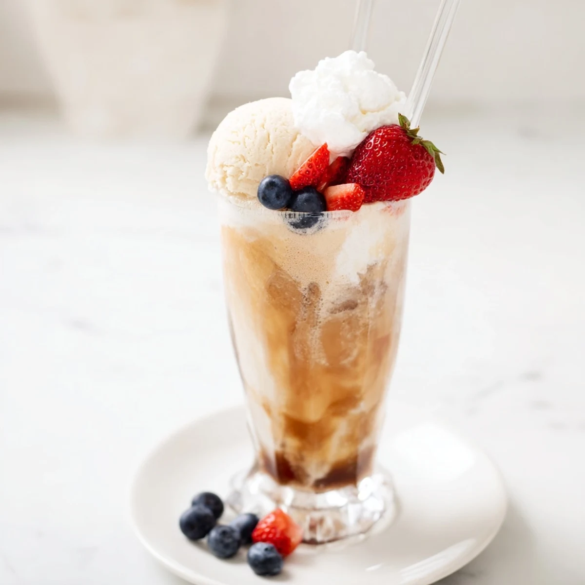 Tall glass of refreshing Rebel ice cream float with whipped cream garnish and fresh berries on top