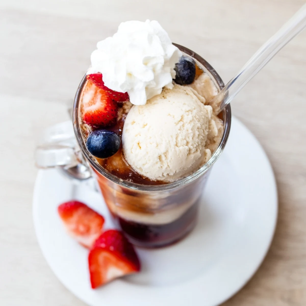 Creamy keto-friendly Rebel ice cream float with carbonated diet soda bubbling around vanilla scoops in a chilled glass