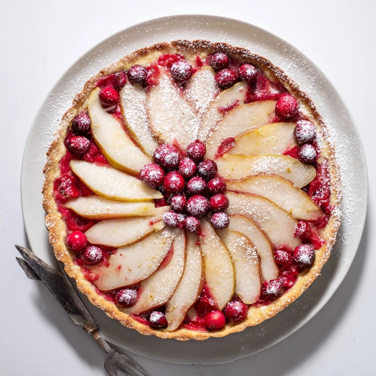 Golden cranberry tart with pears arranged in a rustic spiral on a buttery homemade crust