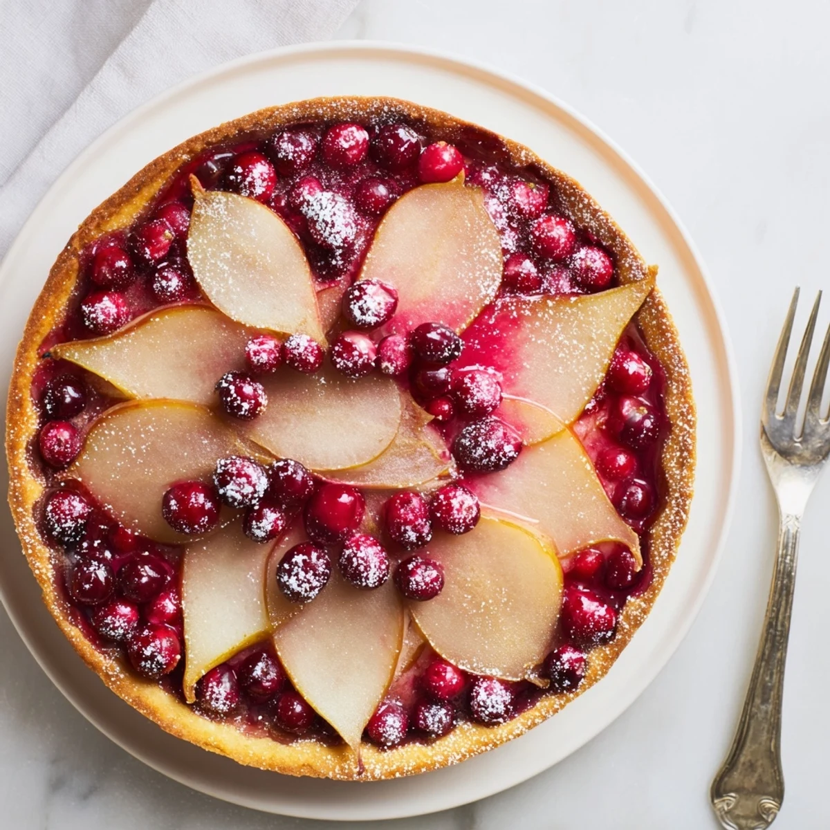 Fresh baked cranberry pear tart with orange spiced fruit filling bubbling in golden pastry