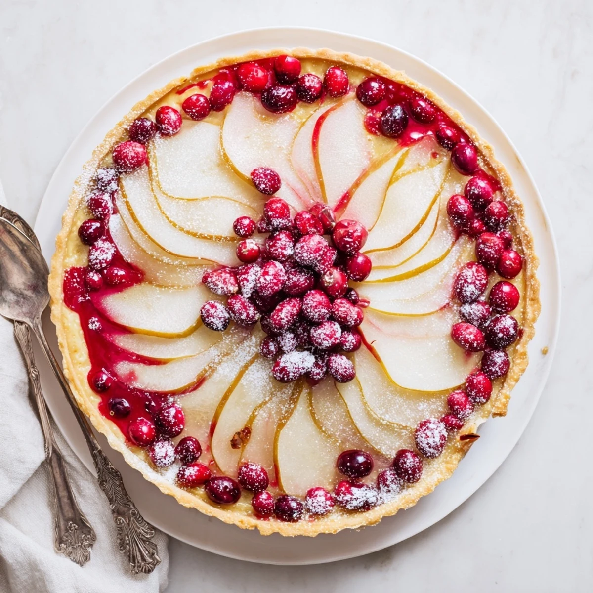 Slice of cranberry tart topped with tender cinnamon pears and red berries on white plate