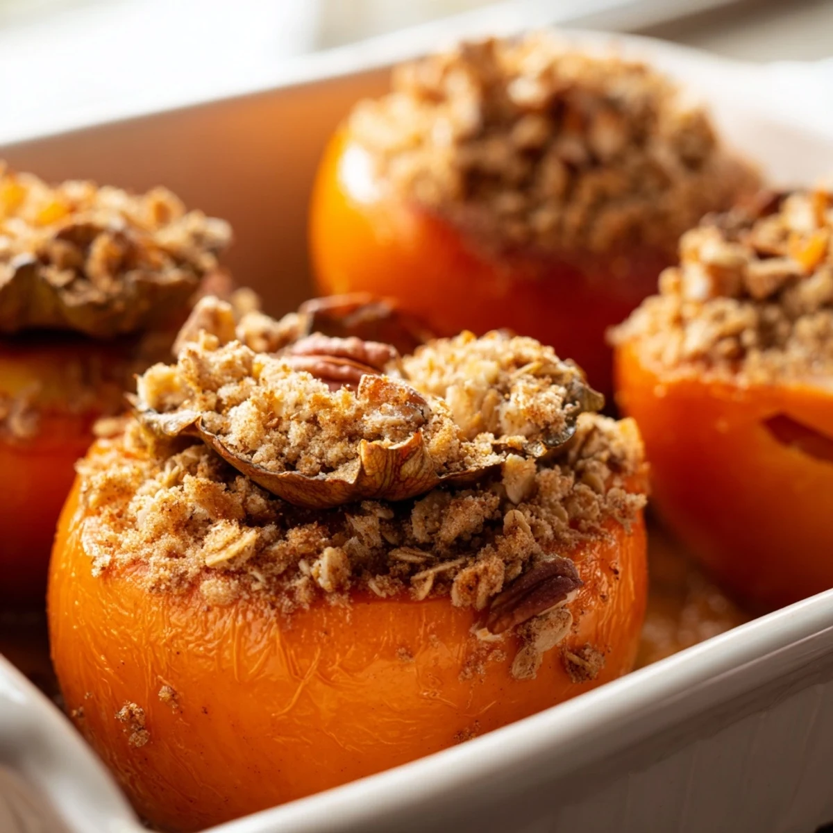 Warm tender persimmons with cinnamon oat crumble topping served in white baking dish