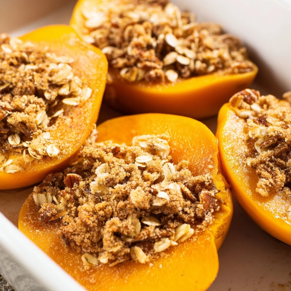 Baked persimmon dessert with bubbling fruit filling and crispy browned oat crumble topping