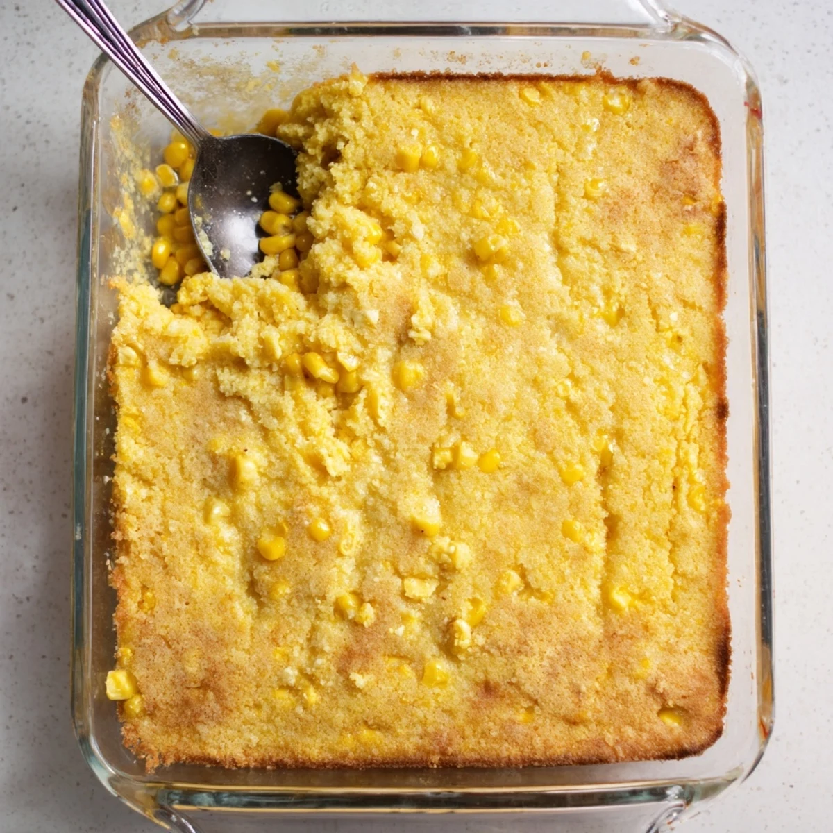 Golden brown classic Jiffy corn casserole with a creamy spoonful on a white plate