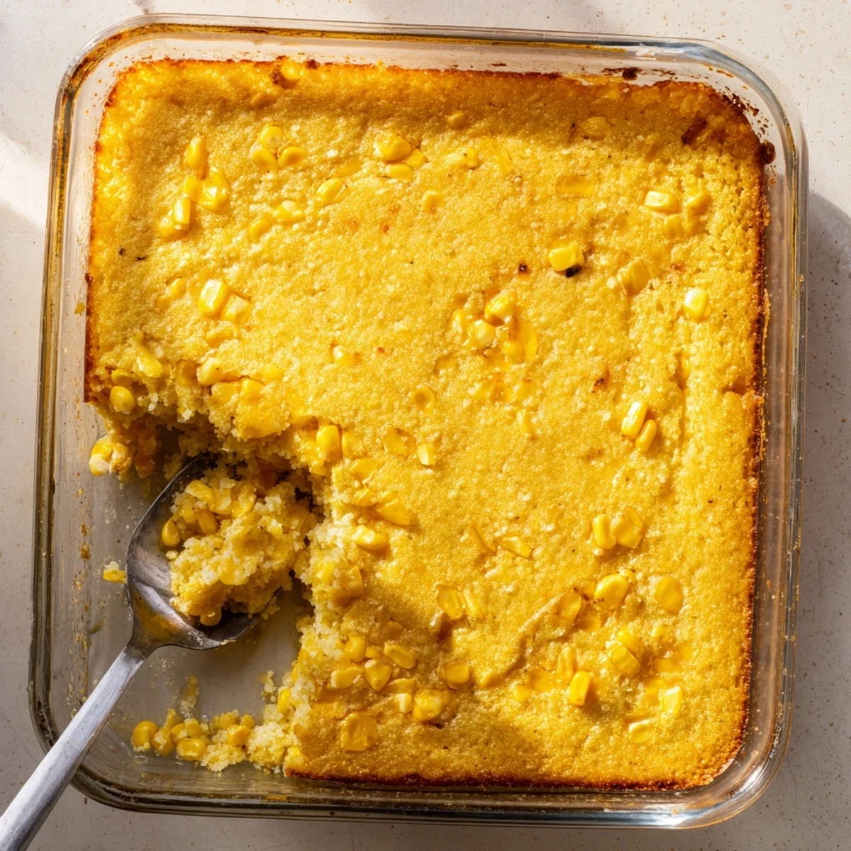 Creamy classic Jiffy corn casserole topped with melted cheddar and green onions