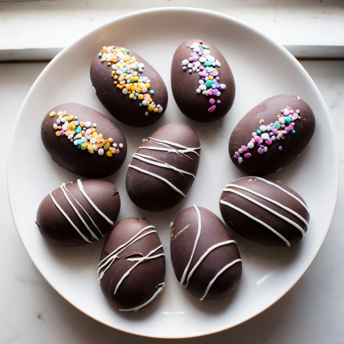 Creamy peanut butter Easter eggs drizzled with white chocolate and colorful sprinkles for festive spring treats