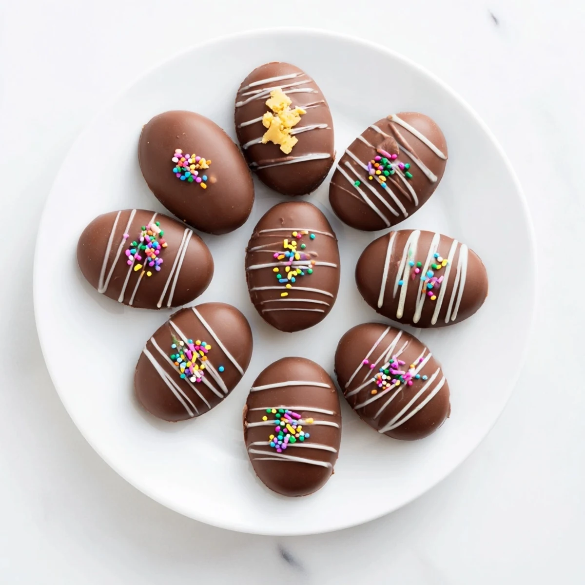Handmade peanut butter Easter eggs coated in glossy dark chocolate on a white serving plate