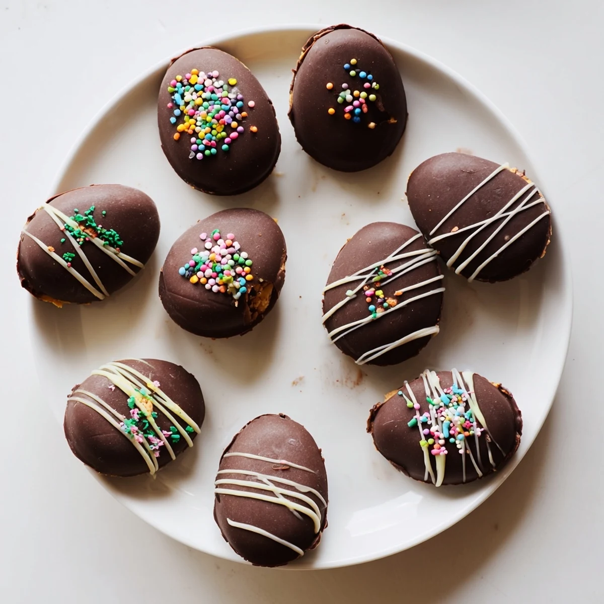 Rich chocolate dipped peanut butter Easter eggs arranged on parchment paper ready for Easter gifting