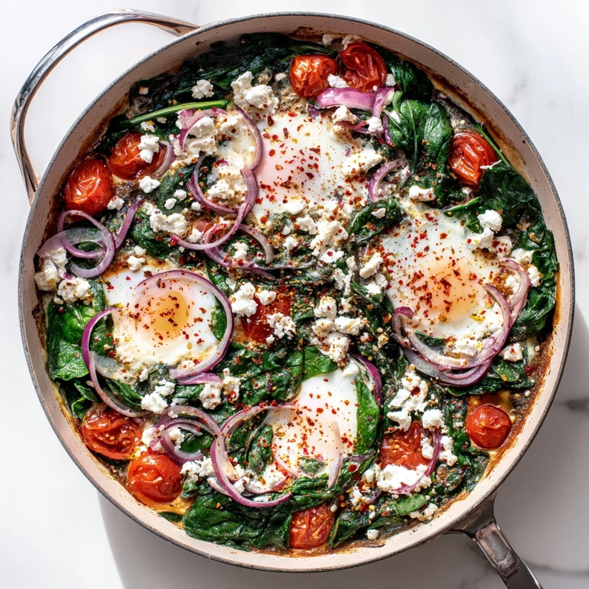 Creamy baked feta eggs nestled with wilted spinach and roasted tomatoes for breakfast