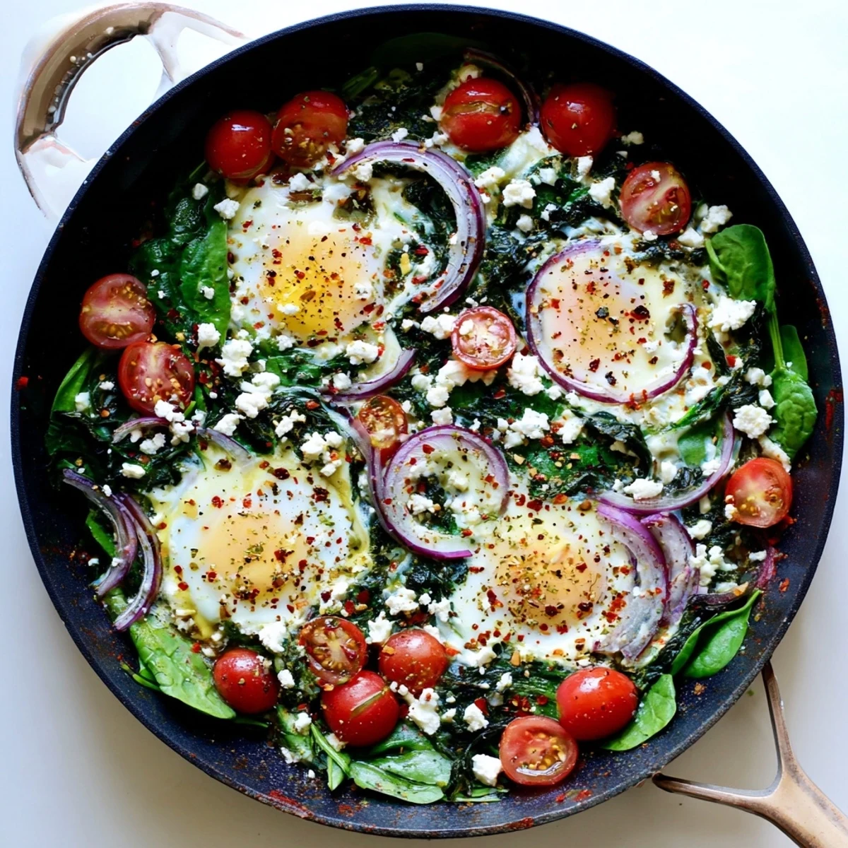 Golden baked feta eggs with spinach and cherry tomatoes in a white skillet
