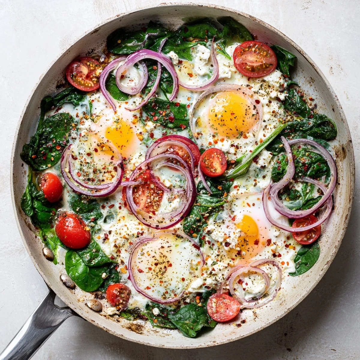 Mediterranean baked feta eggs featuring spinach and tomatoes fresh from the oven