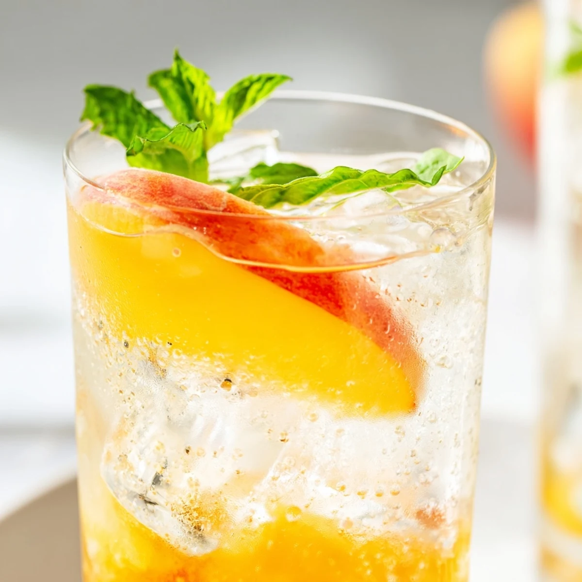 Golden peach puree swirls with sparkling water in a glass garnished with fresh mint