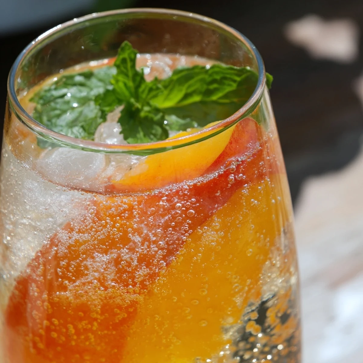 Refreshing ginger peach sparkler served over ice with ripe peach slices and mint sprigs